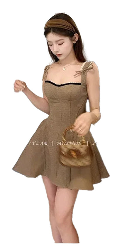 LuckeLadybug French style khaki mini dress with bow straps and flared skirt for stylish summer looks