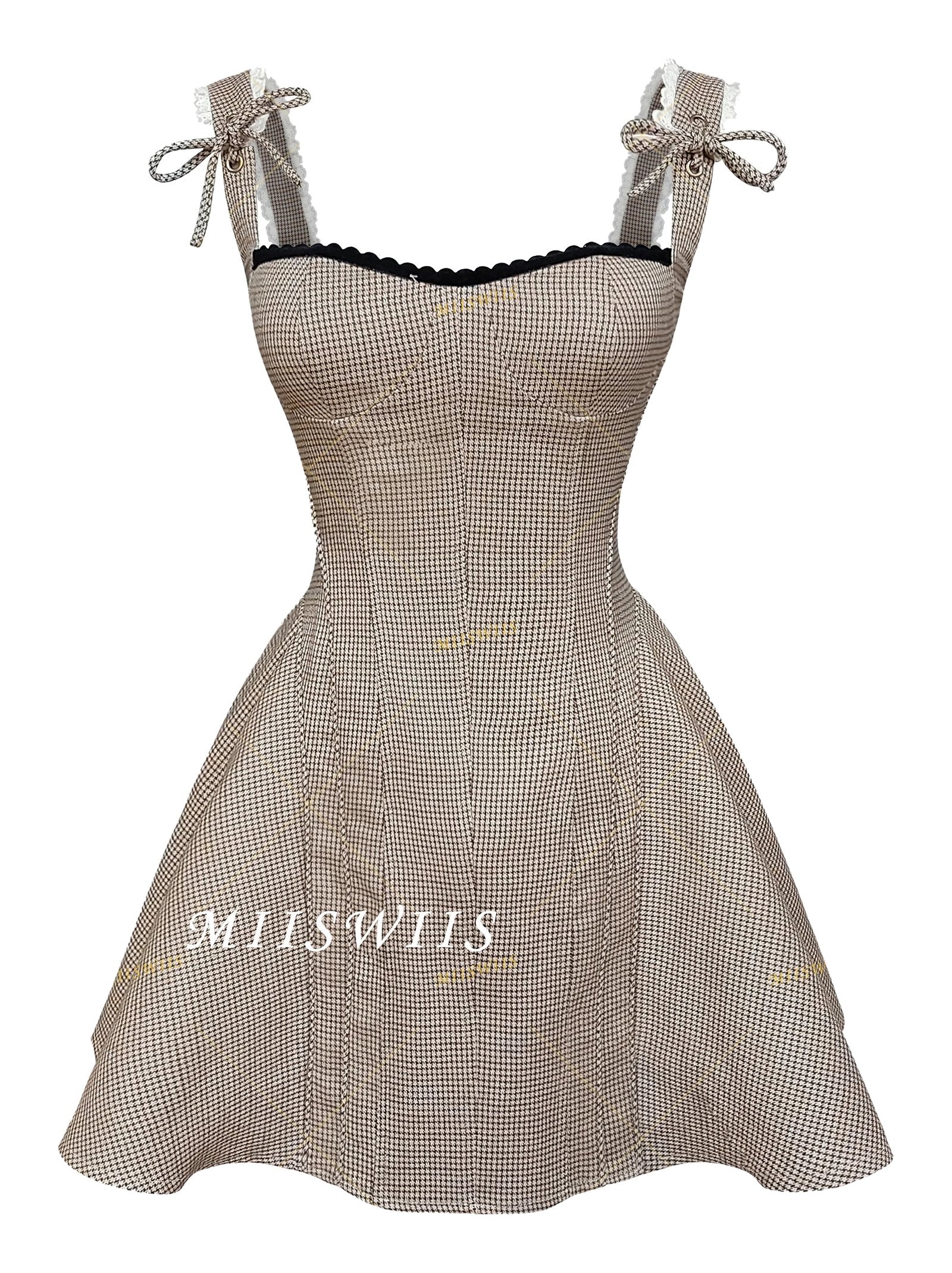 LuckeLadybug French style khaki mini dress with bow straps and a flared skirt for a stylish look