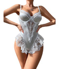 LuckeLadybug LLC French style lace lingerie bodysuit in white with delicate lace detailing and soft cups