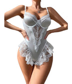 LuckeLadybug LLC French style lace lingerie bodysuit in white with delicate lace detailing and soft cups