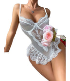 Elegant LuckeLadybug french style lace lingerie bodysuit with floral detailing and adjustable straps