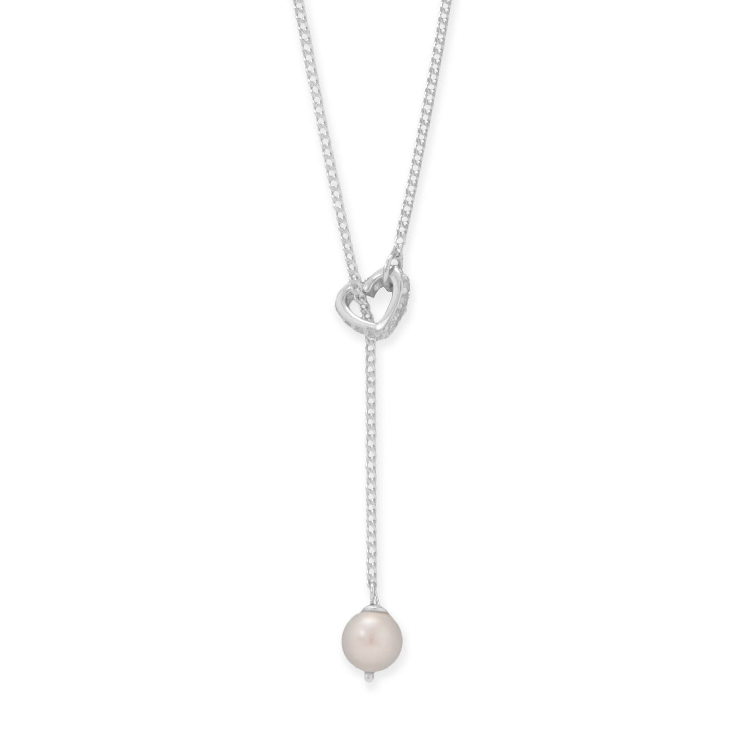 Silver freshwater pearl lariat necklace featuring a delicate heart-shaped knot design