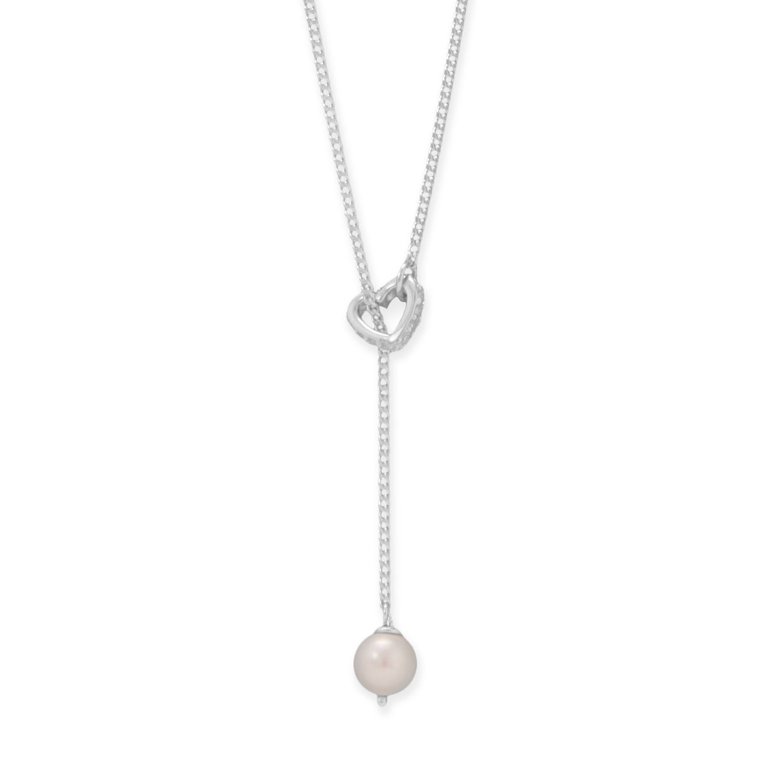 Silver freshwater pearl lariat necklace featuring a delicate heart-shaped knot design