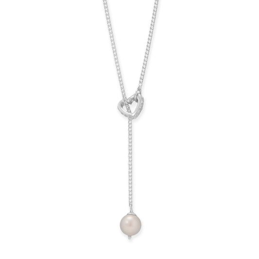 Silver freshwater pearl lariat necklace featuring a delicate heart-shaped knot design