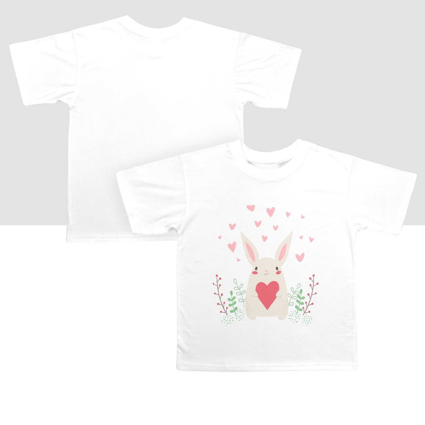 White bunny print kids shirt with pink hearts and floral design