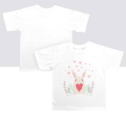 White bunny print kids shirt with pink hearts and floral design