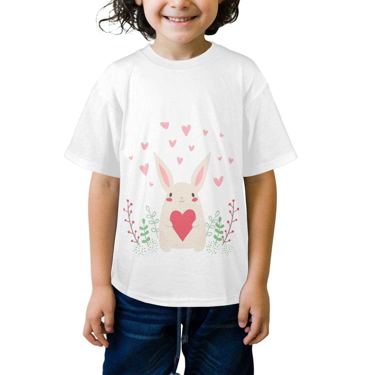 bunny print kids shirt with cute bunny holding a heart and surrounded by hearts and plants