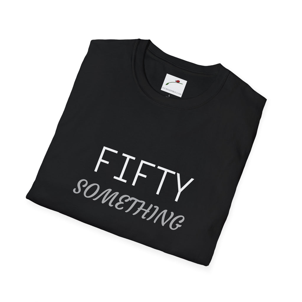 Black LuckeLadybug fifty something t shirt with white and gray text folded flat