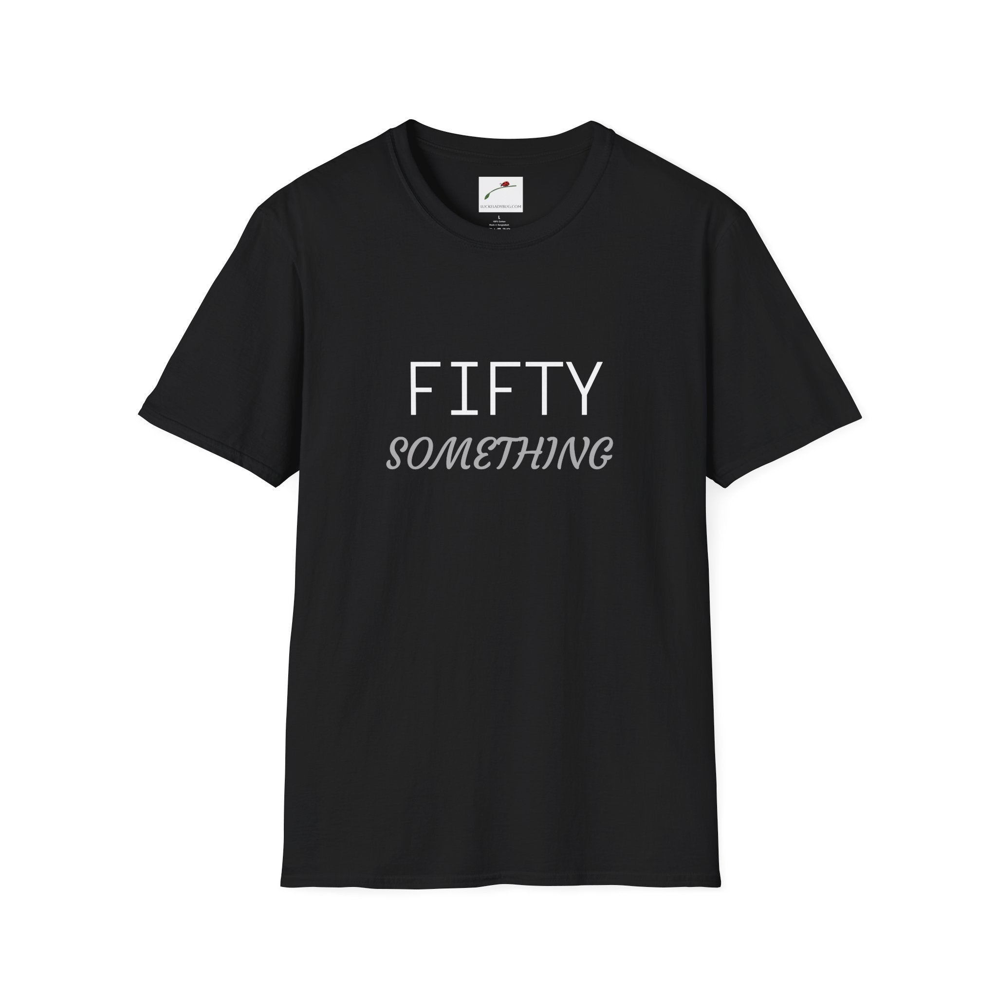 Black LuckeLadybug fifty something t shirt with white and gray lettering front view