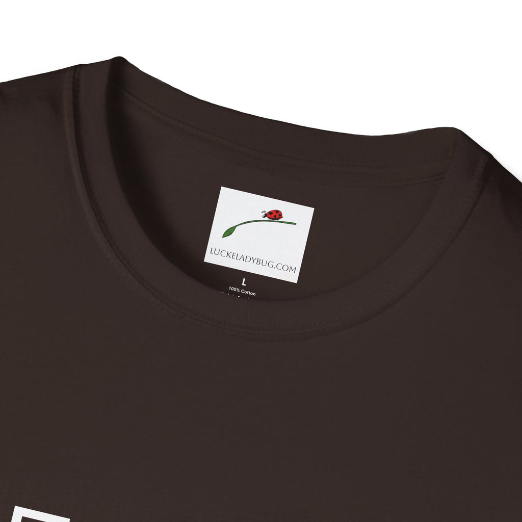 Close-up of LuckeLadybug black fifty something t shirt collar with logo tag and soft fabric