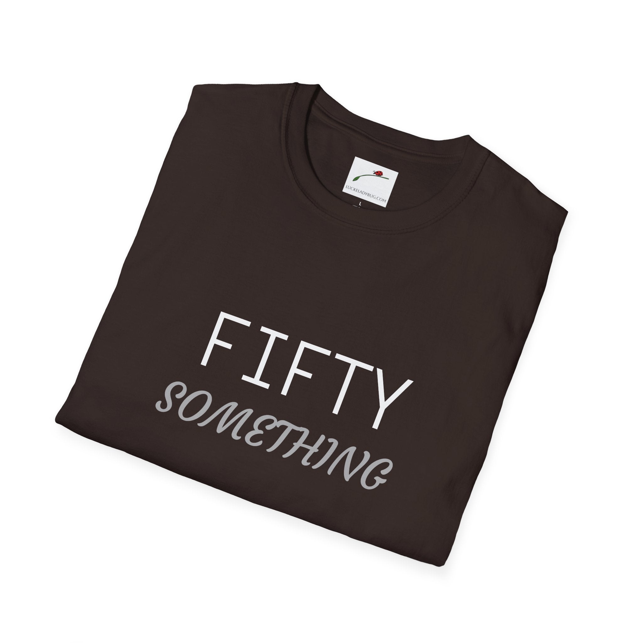 Folded black fifty something t shirt with white and gray text by LuckeLadybug