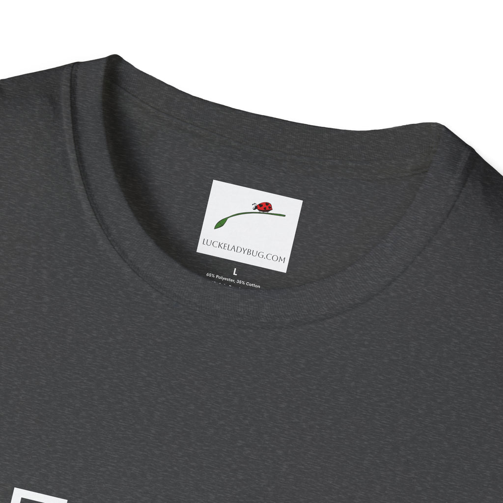LuckeLadybug dark gray fifty something t shirt showing close-up of neckline and label