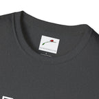 LuckeLadybug dark gray fifty something t shirt showing close-up of neckline and label