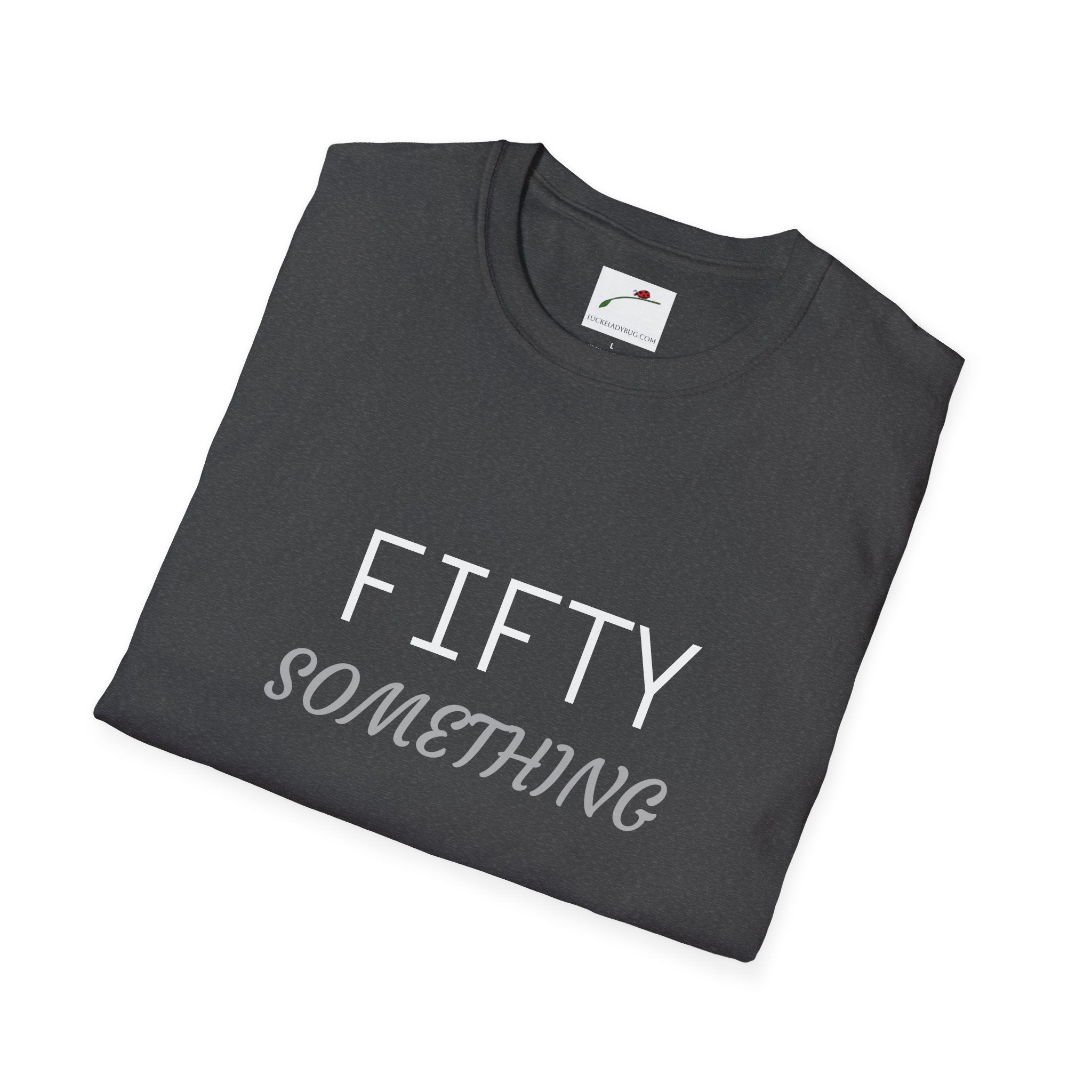LuckeLadybug black fifty something t shirt with white and gray text folded neatly
