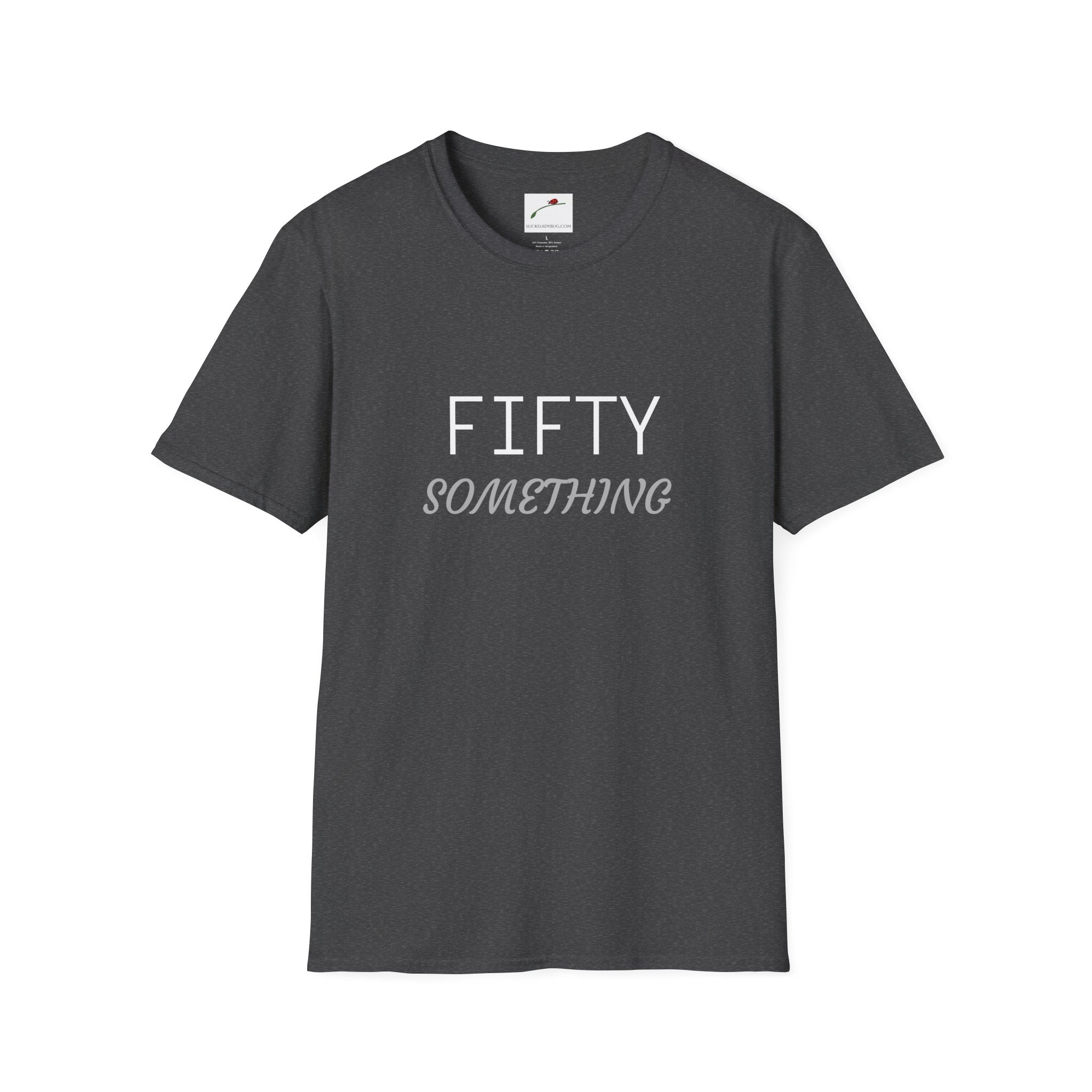 LuckeLadybug gray fifty something t shirt with white and gray text in uppercase and cursive font
