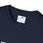 LuckeLadybug navy fifty something t shirt close-up showing round neckline and fabric texture