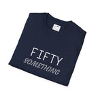 Navy blue fifty something t shirt folded showing white and gray text design