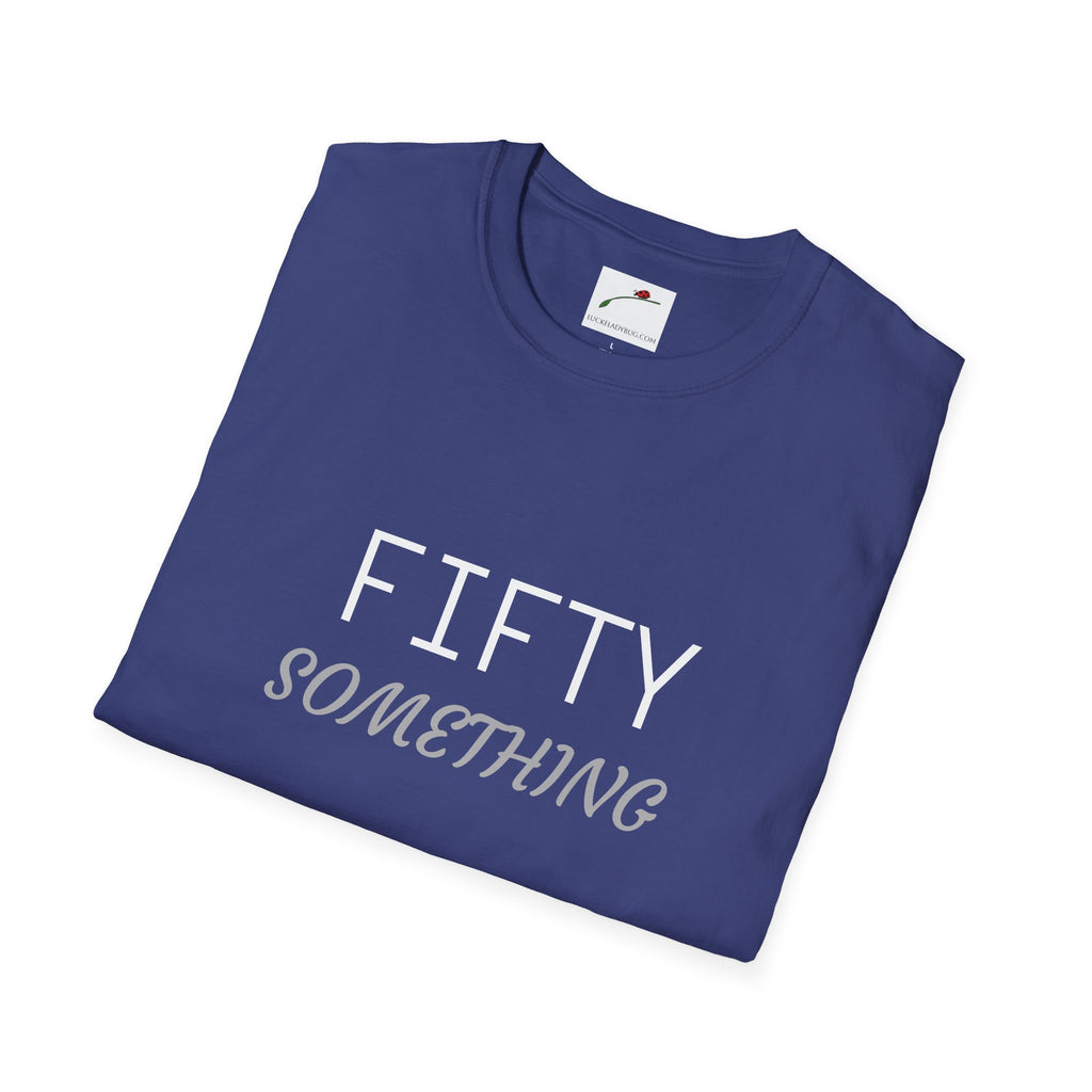 Navy blue fifty something t shirt with white and gray text design folded neatly