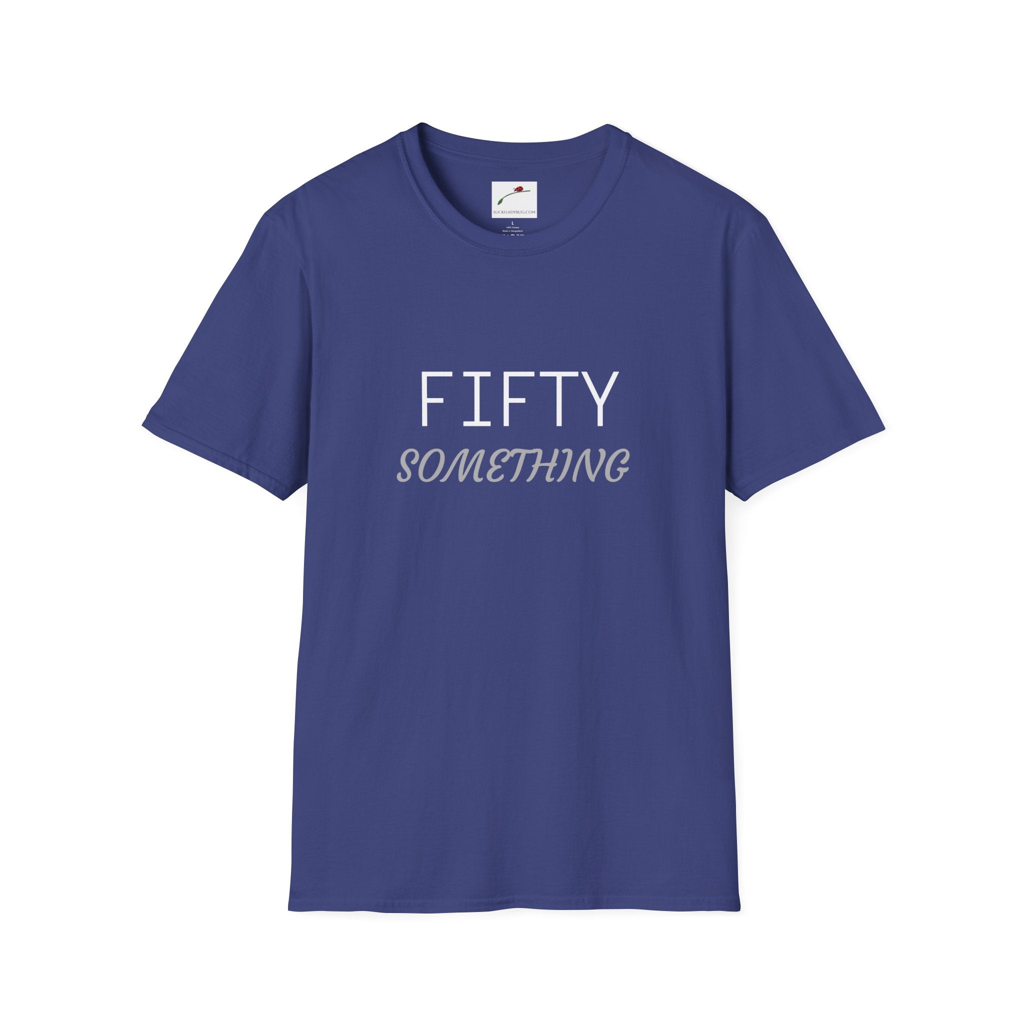 LuckeLadybug navy blue fifty something t shirt with white and gray text design