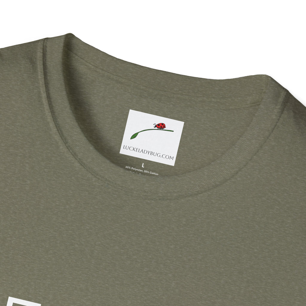 LuckeLadybug fifty something t shirt in olive green showing collar and brand label