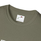 LuckeLadybug fifty something t shirt in olive green showing collar and brand label