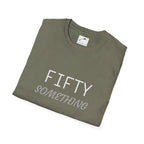 Olive green fifty something t shirt by LuckeLadybug with white and gray text design folded neatly