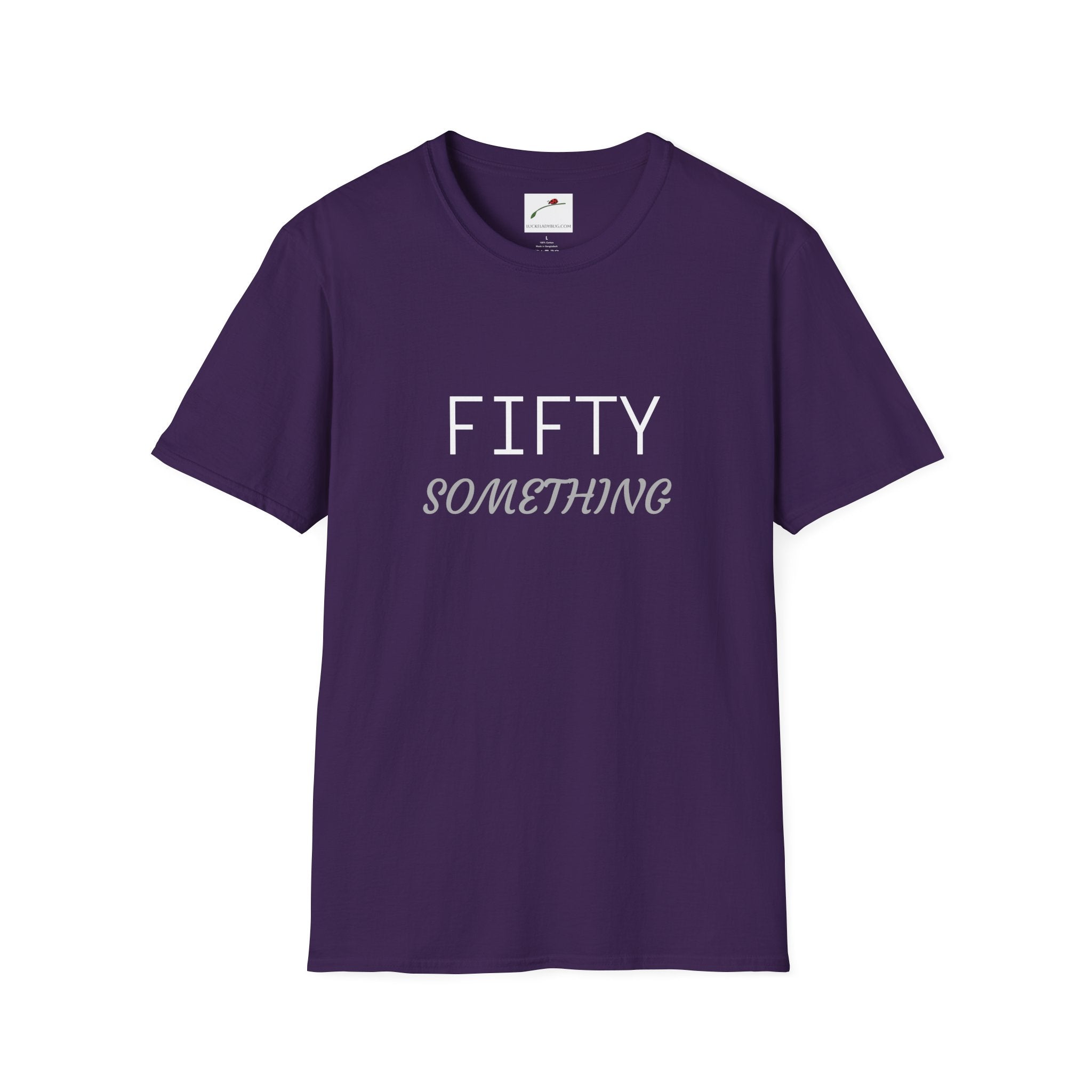 Purple fifty something t shirt with white and gray text from LuckeLadybug