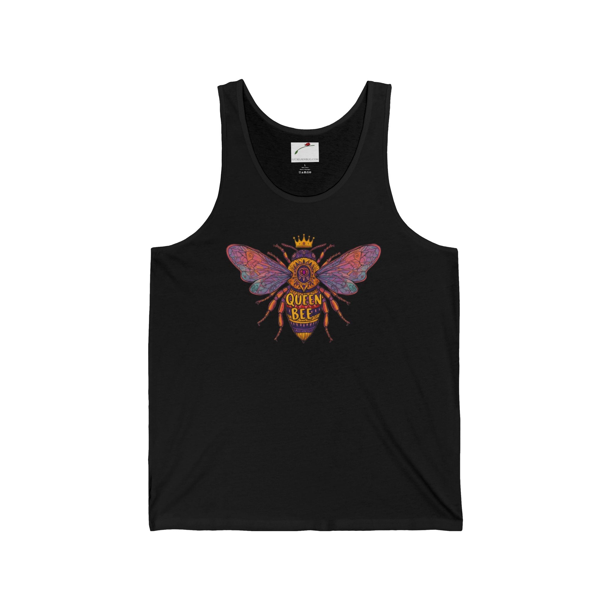 Black LuckeLadybug queen bee tank top with colorful queen bee graphic and crown design