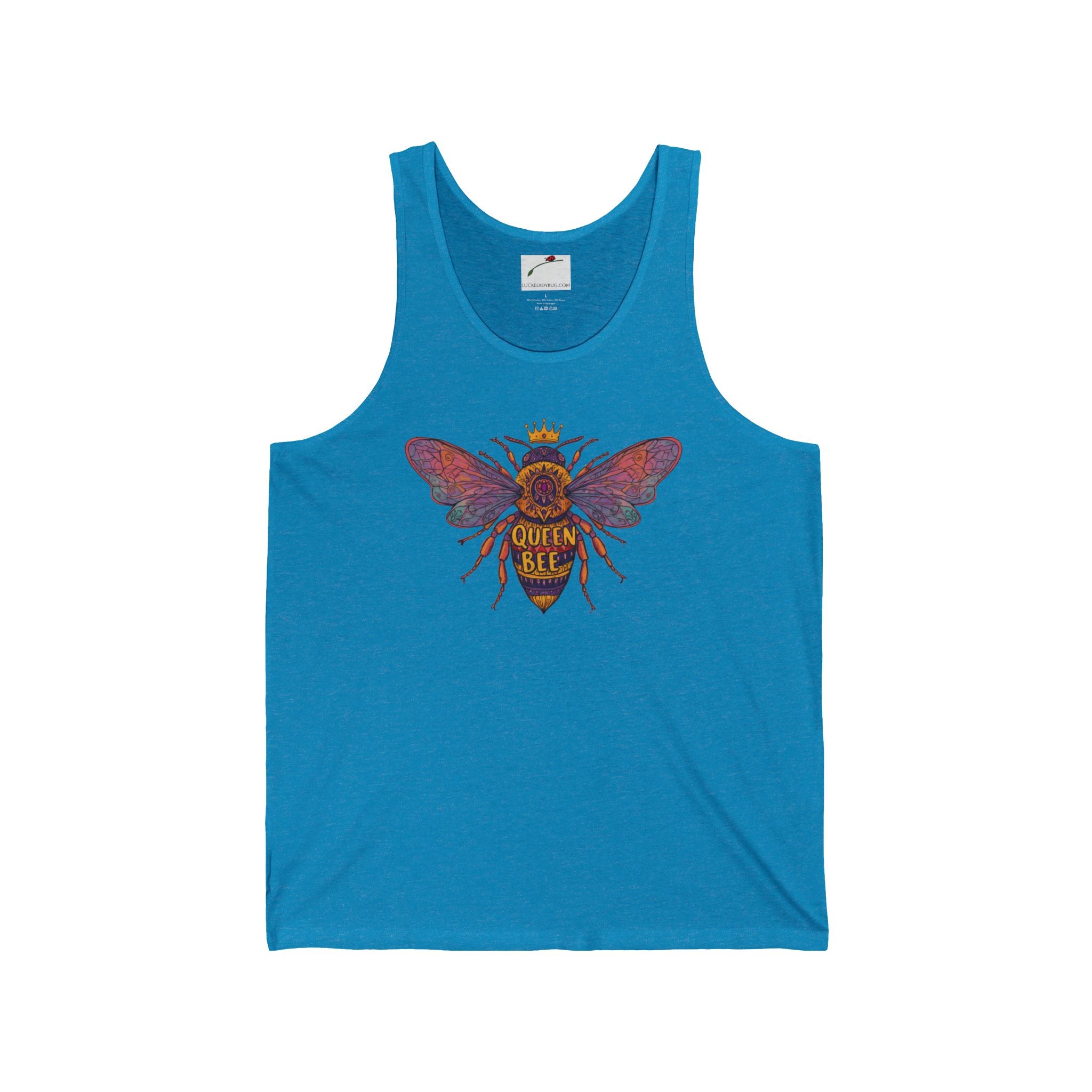 Blue queen bee tank top by LuckeLadybug featuring a colorful bee graphic with crown design