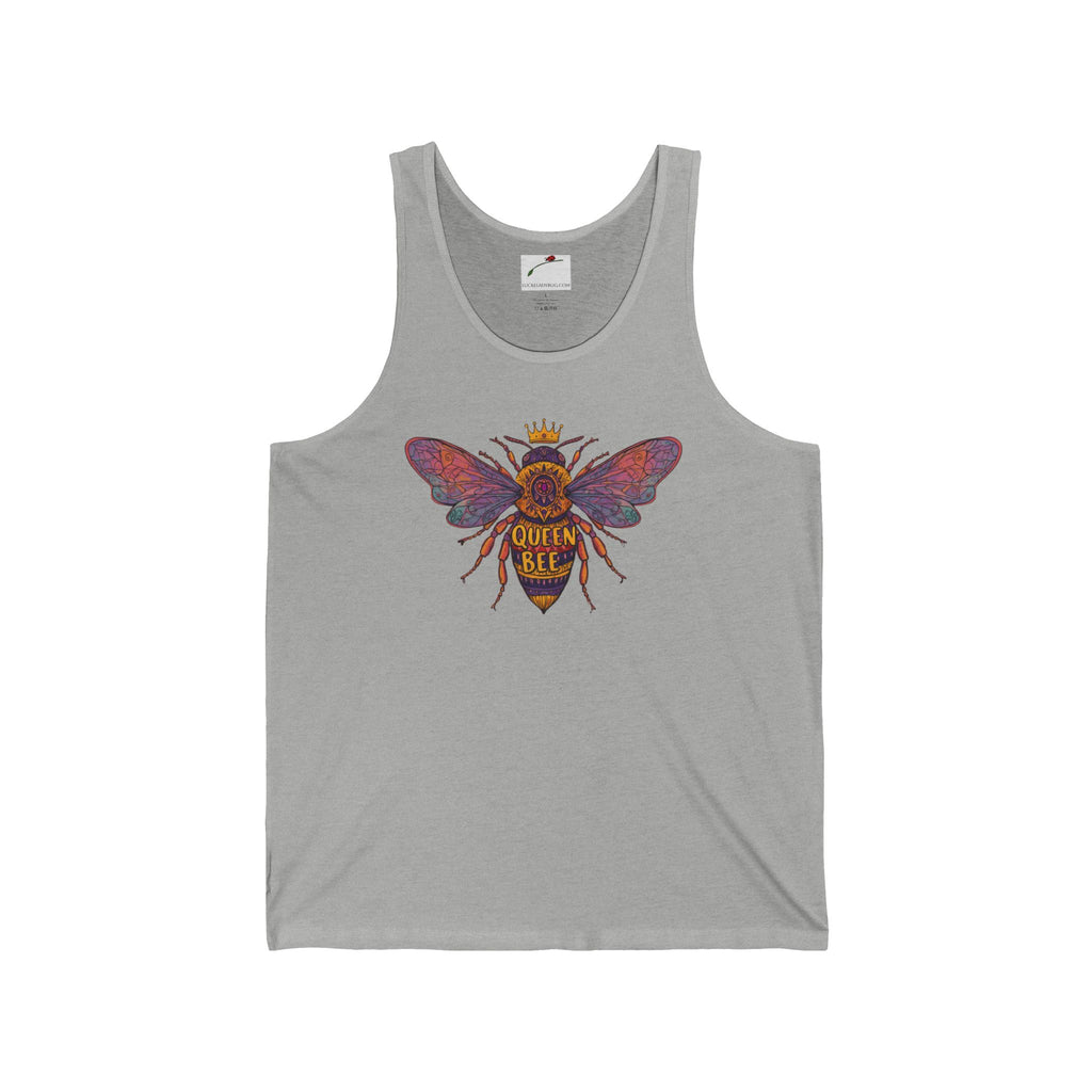 Gray LuckeLadybug queen bee tank top with colorful bee graphic and crown design