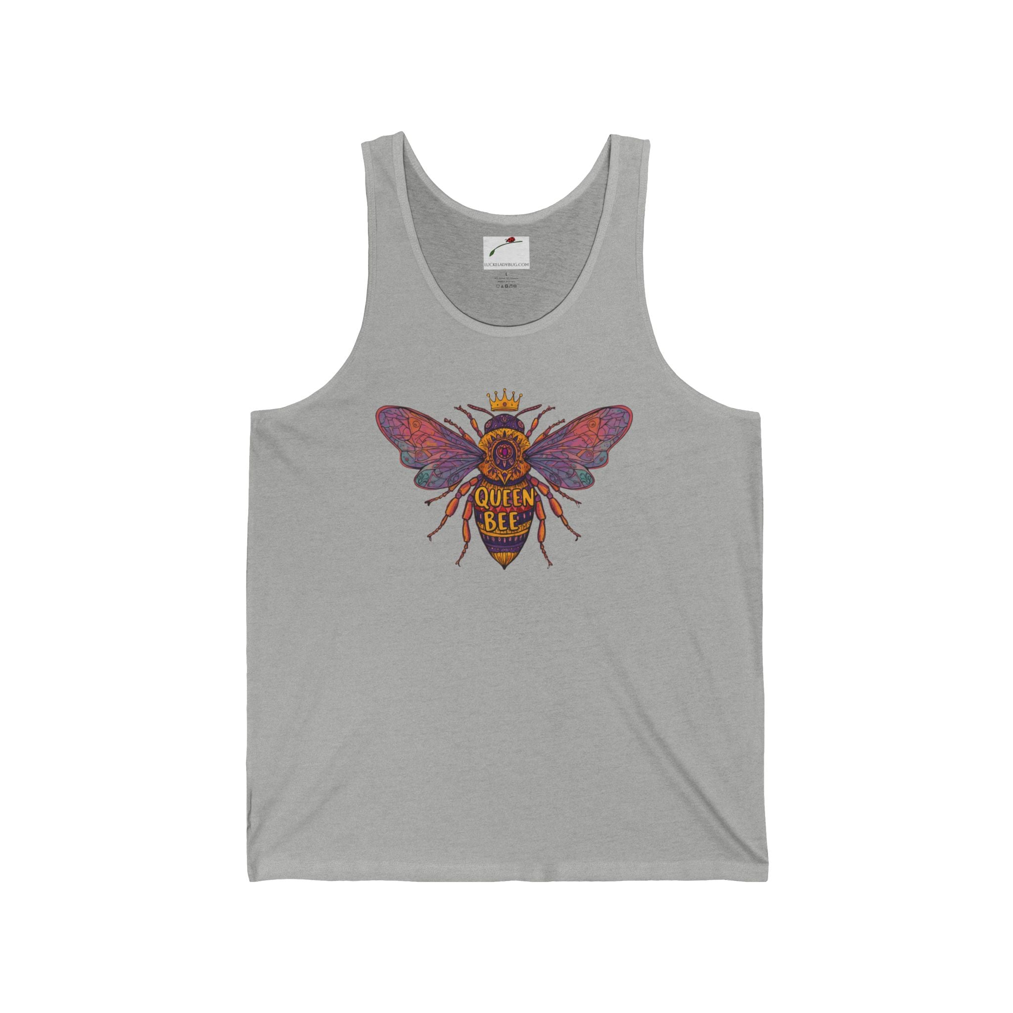 Gray LuckeLadybug queen bee tank top with colorful bee graphic and crown design