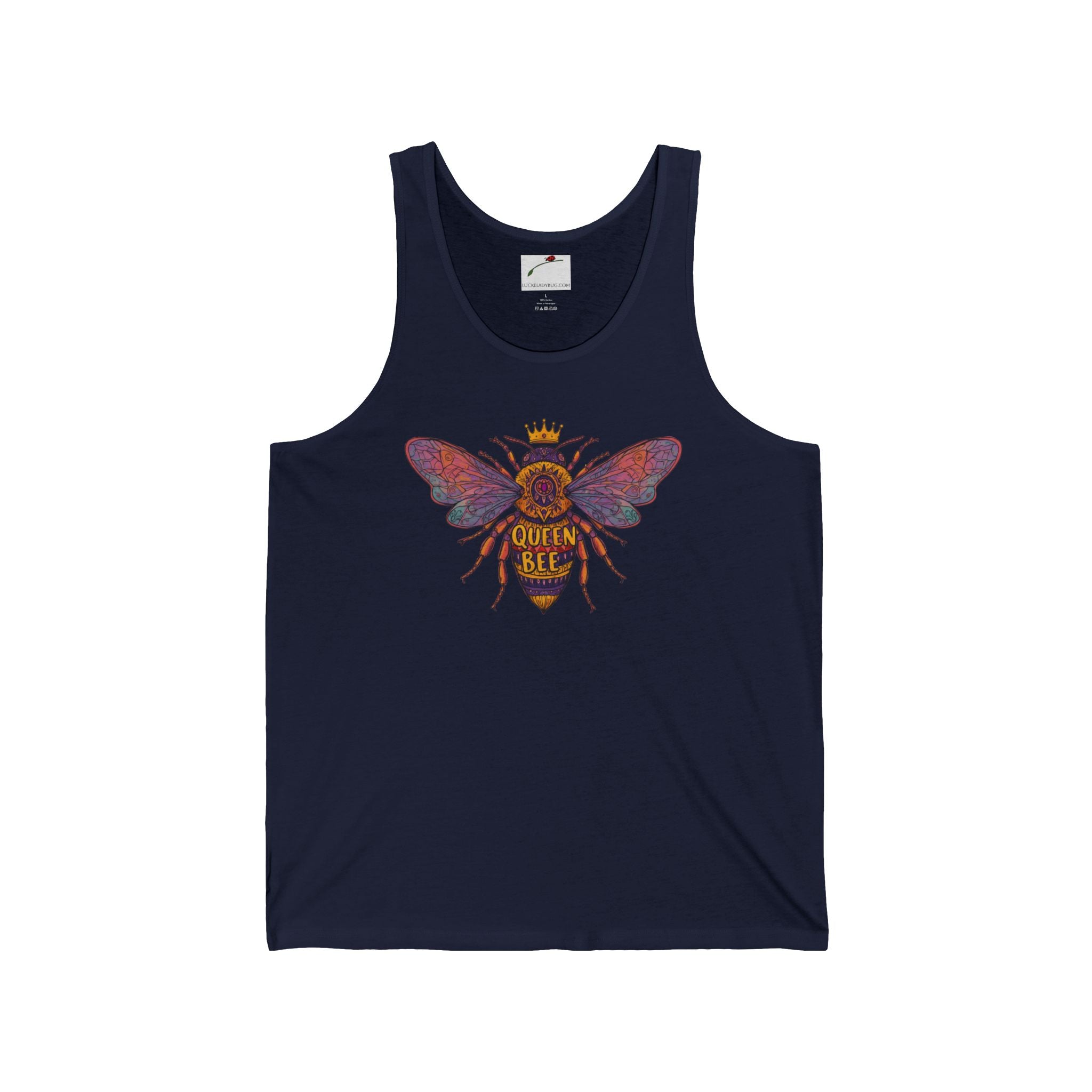 LuckeLadybug black queen bee tank top with colorful bee graphic and crown design
