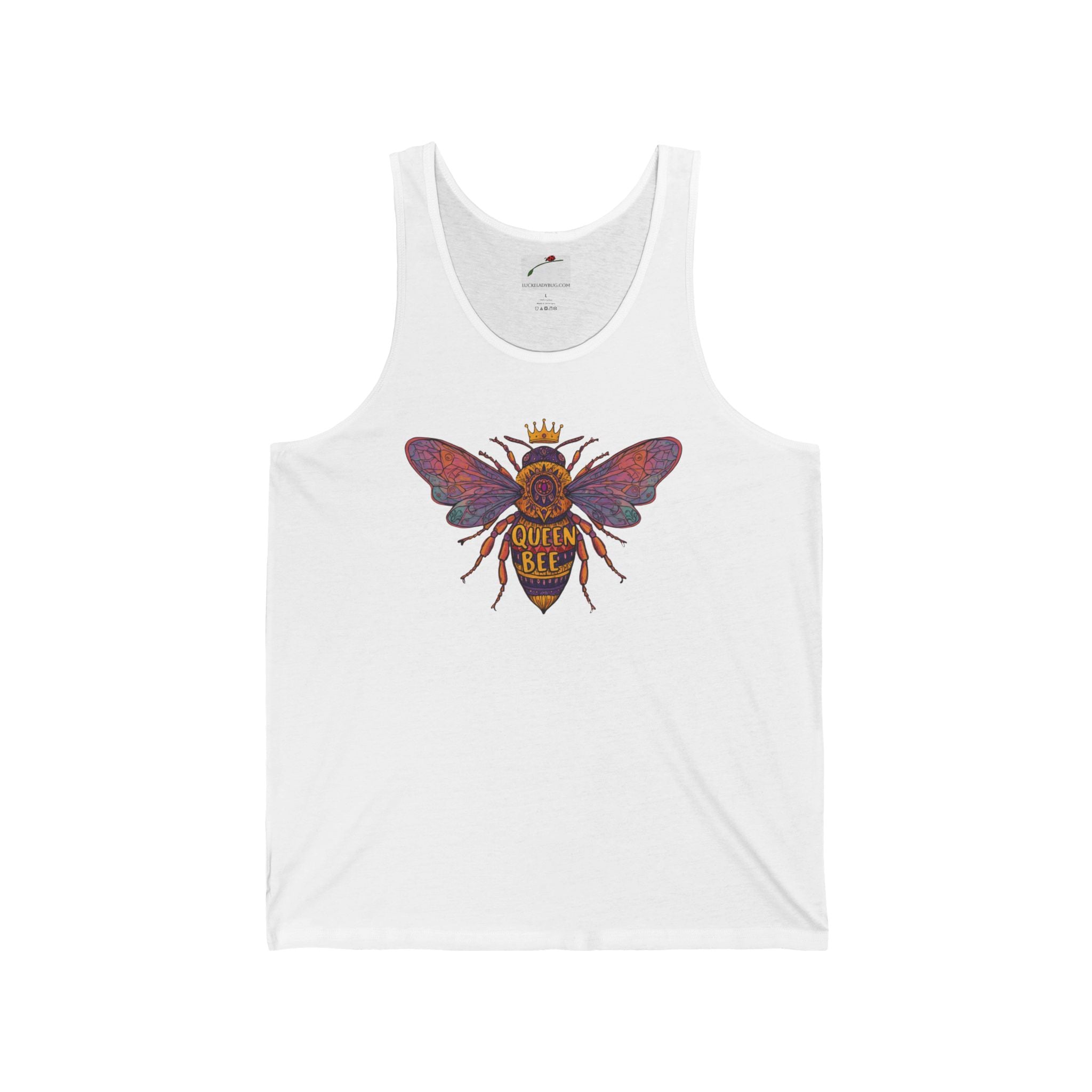 White LuckeLadybug queen bee tank top with colorful bee graphic and crown design