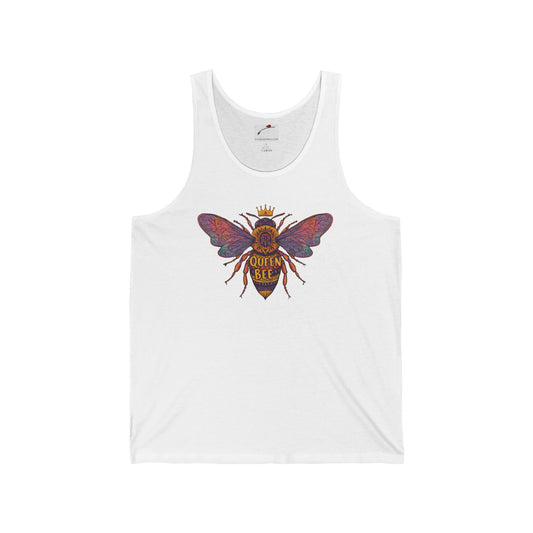 White LuckeLadybug queen bee tank top with colorful bee graphic and crown design