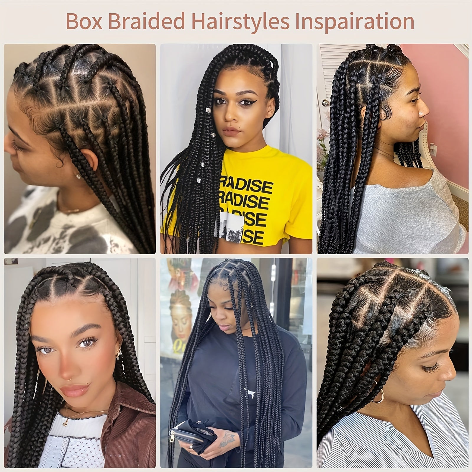 Full lace braided wig with baby hair styled in various box braided hairstyles for inspiration