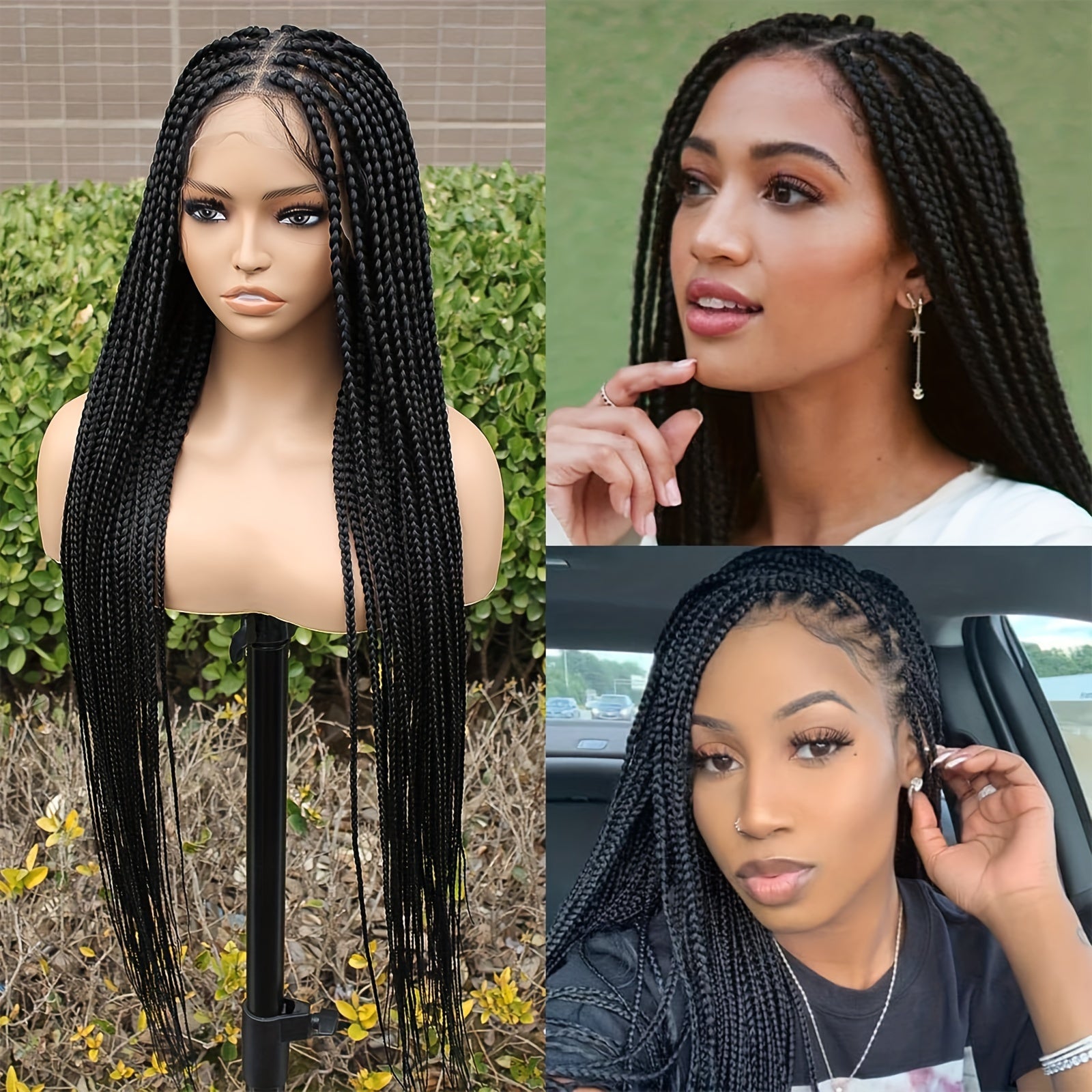 Full lace braided wig with baby hair displayed on a mannequin and worn by models outdoors
