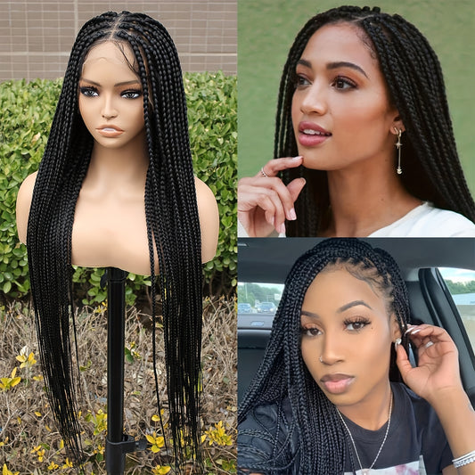 Full lace braided wig with baby hair displayed on a mannequin and worn by models outdoors