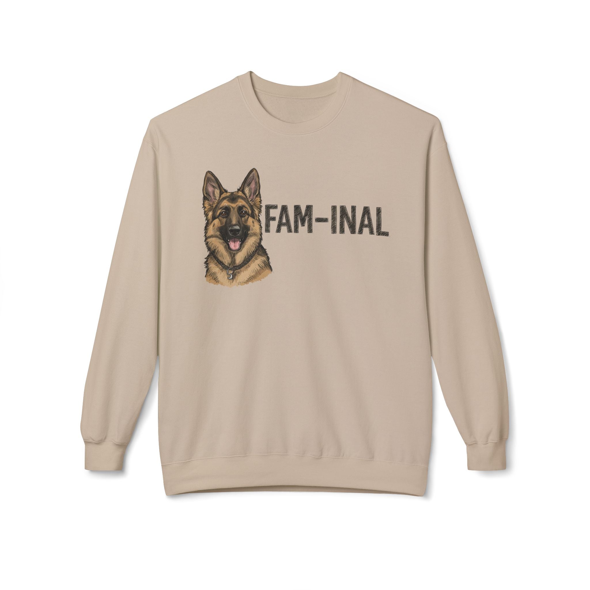 LuckeLadybug fun German Shepherd sweater beige with dog face and FAM-INAL text design