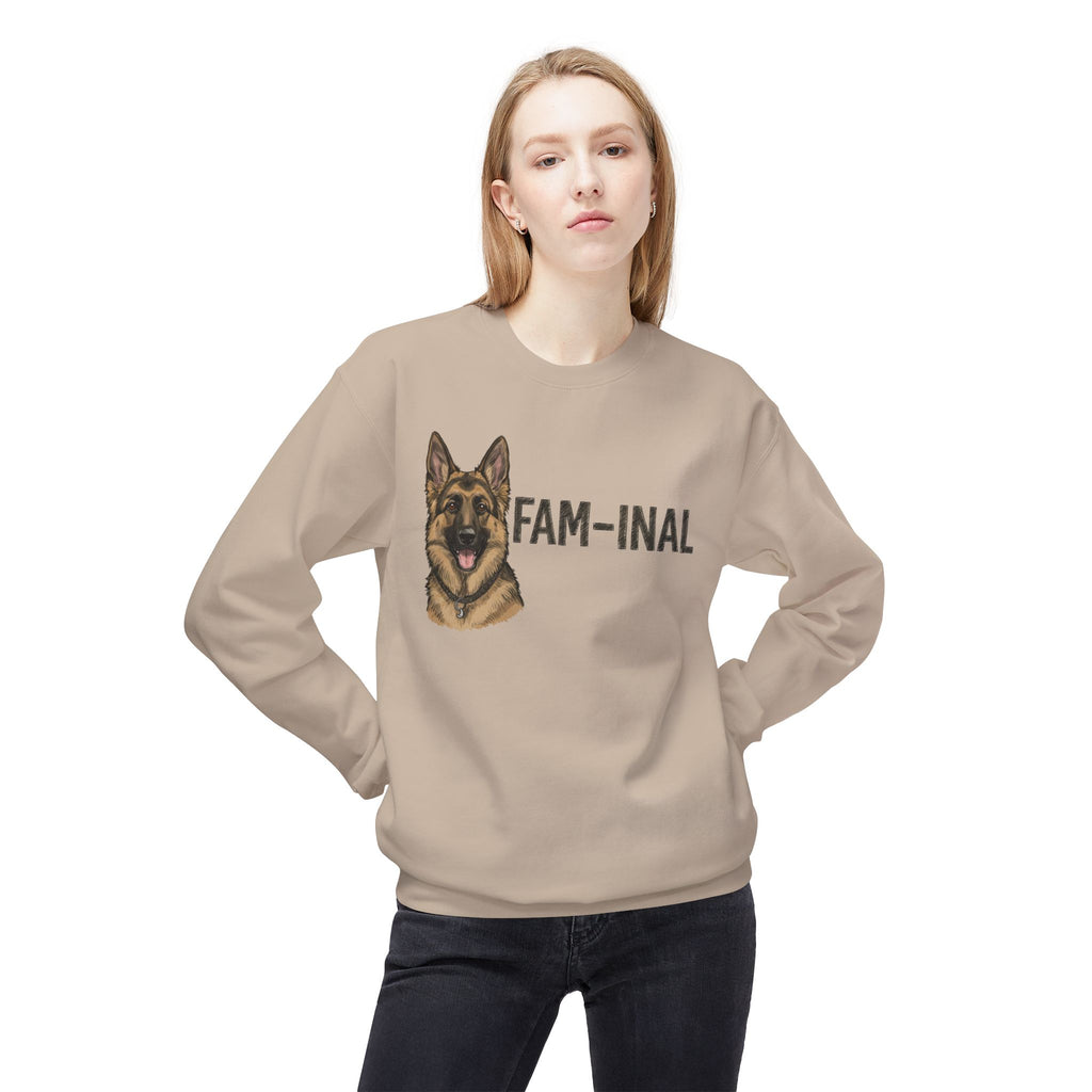 LuckeLadybug fun German Shepherd sweater in beige with dog face and FAM-INAL text worn by woman