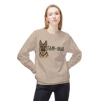 LuckeLadybug fun German Shepherd sweater in beige with dog face and FAM-INAL text worn by woman