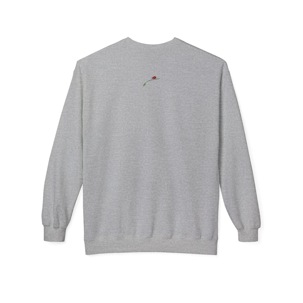 LuckeLadybug gray sweatshirt featuring a small embroidered ladybug detail on the back collar area fun German Shepherd sweater