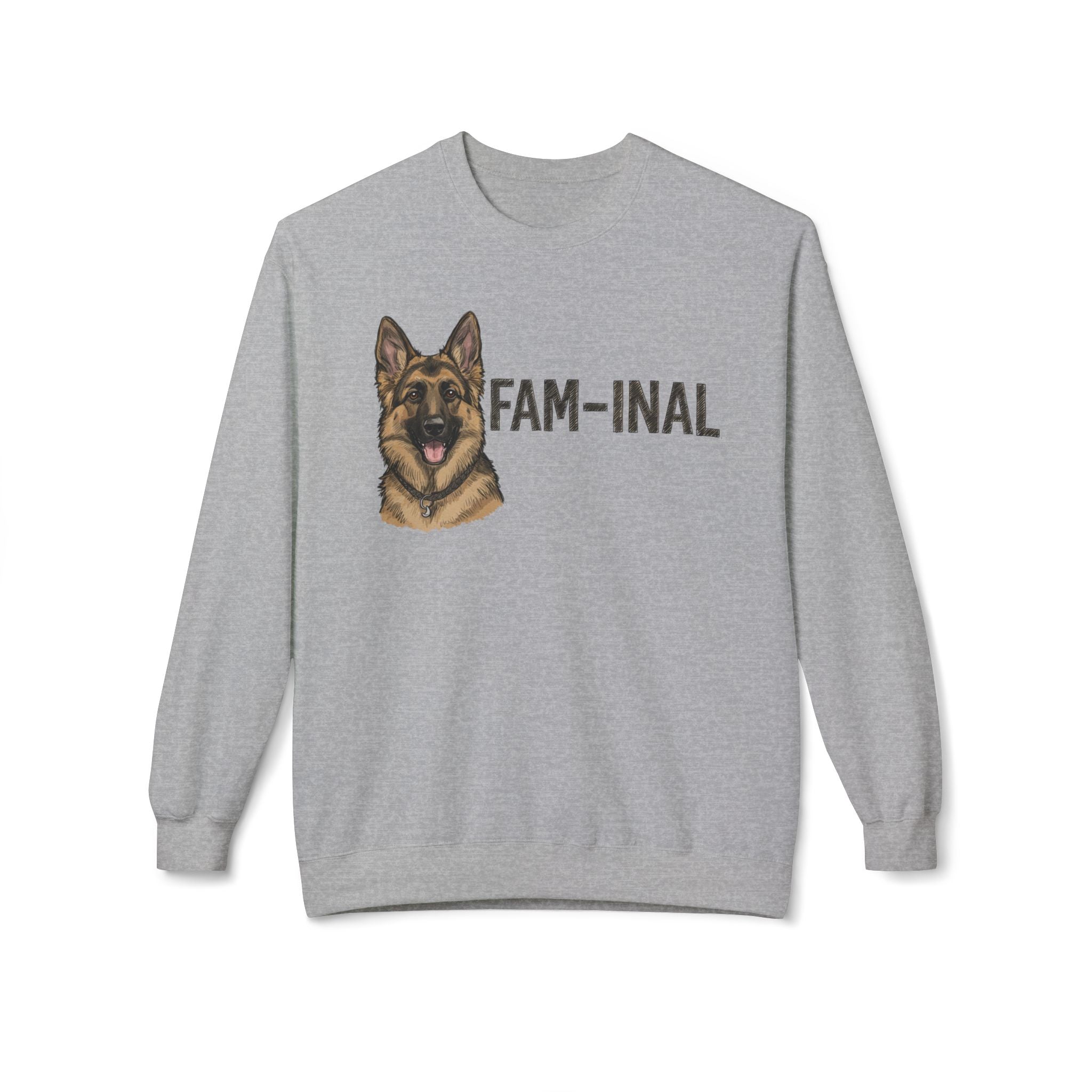 LuckeLadybug fun German Shepherd sweater in gray with dog illustration and FAM-INAL text