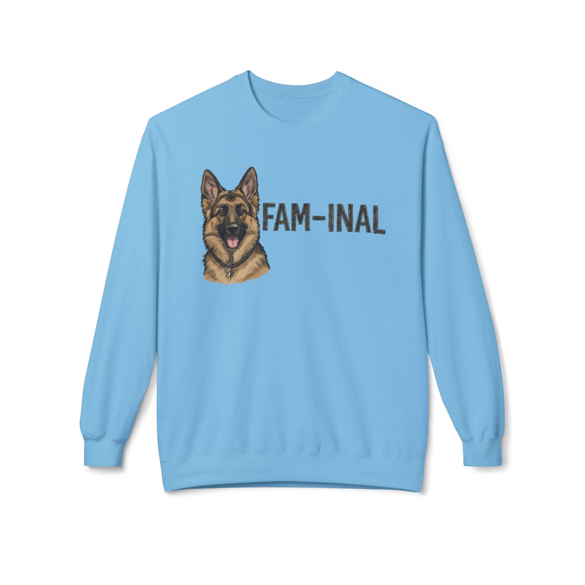 LuckeLadybug fun German Shepherd sweater in light blue with graphic dog and FAM-INAL text