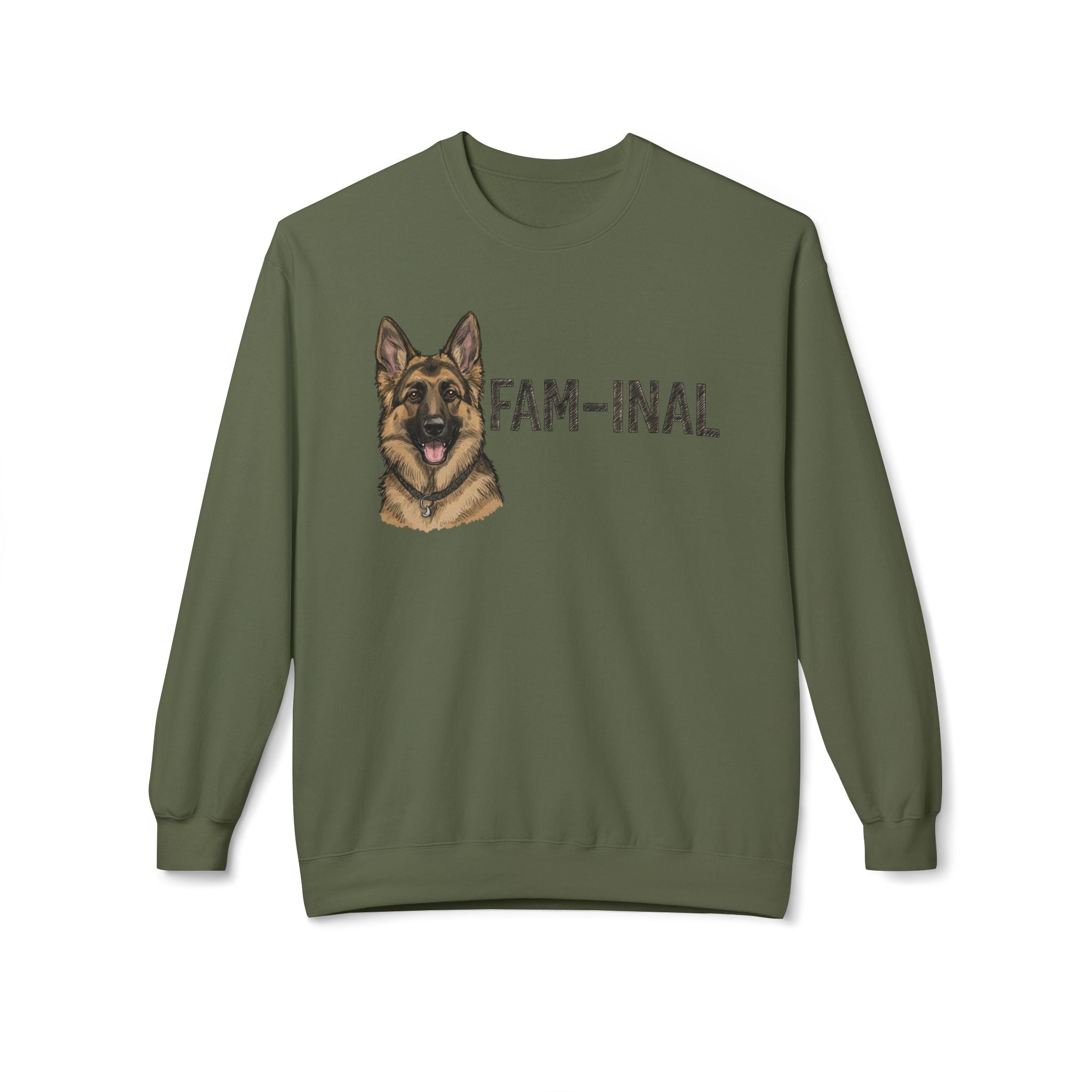 Olive green LuckeLadybug sweatshirt with fun German Shepherd sweater design and fam-inal text