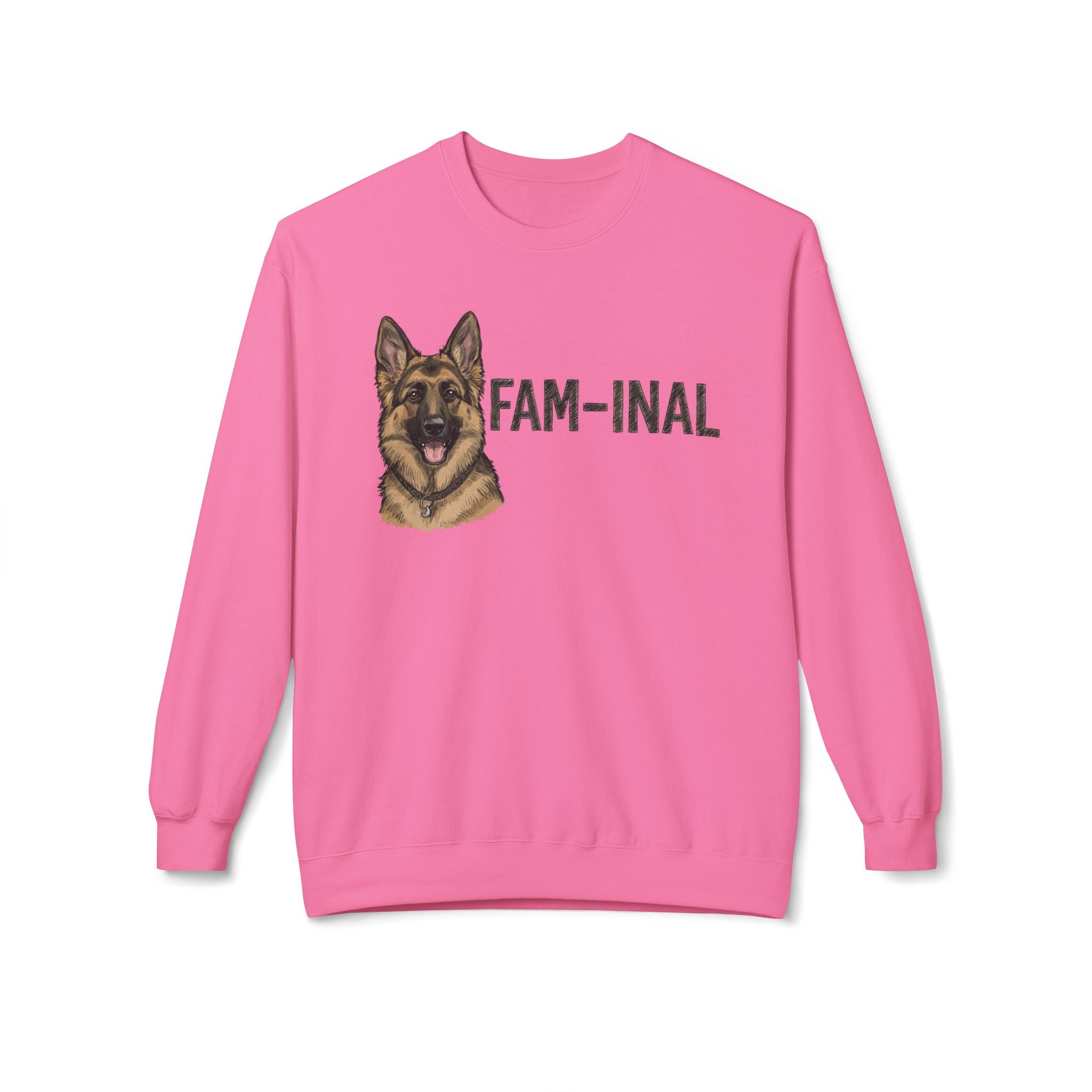 Pink LuckeLadybug fun German Shepherd sweater with cartoon dog and fam-inal text design