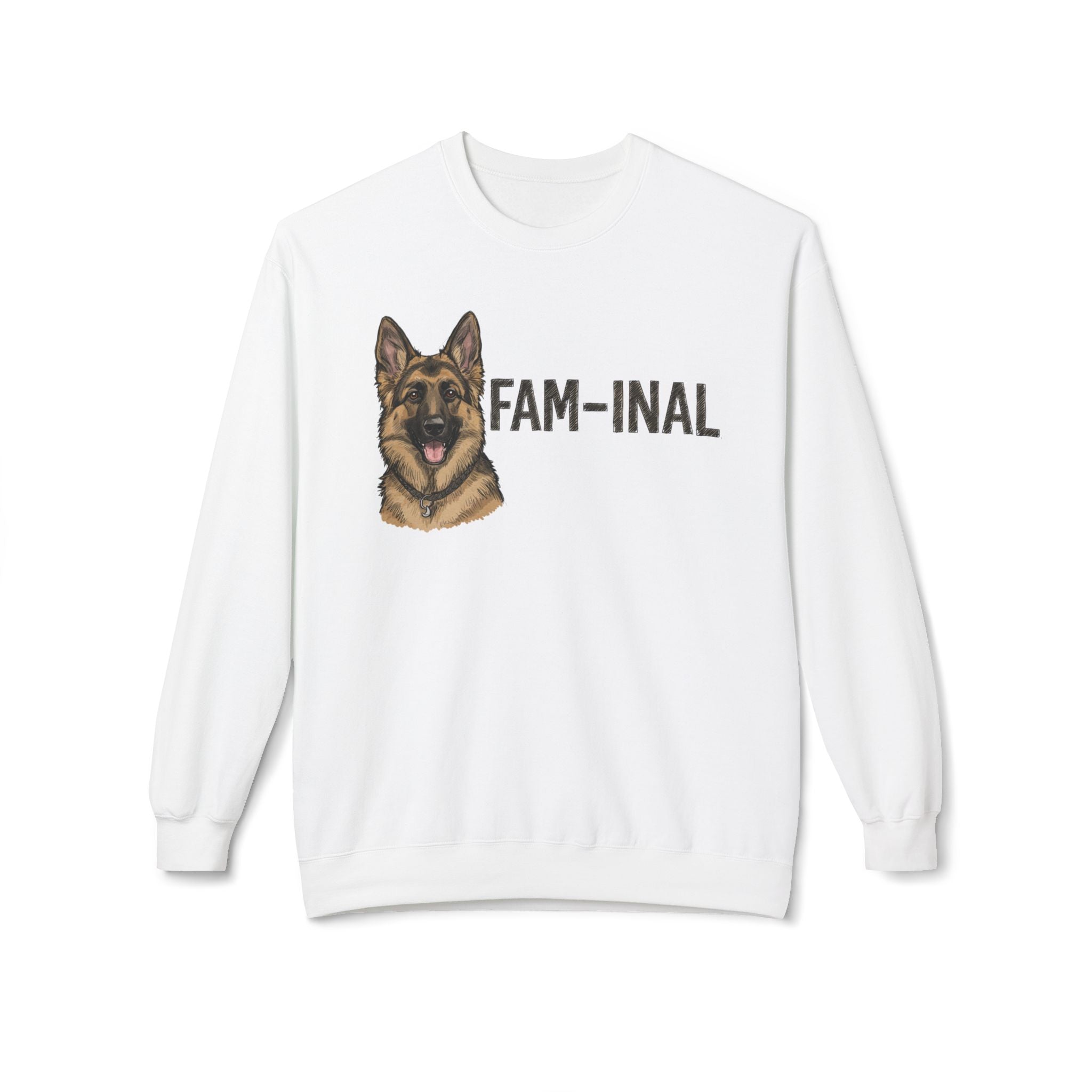 LuckeLadybug white sweatshirt with fun German Shepherd sweater design and Fam-inial text