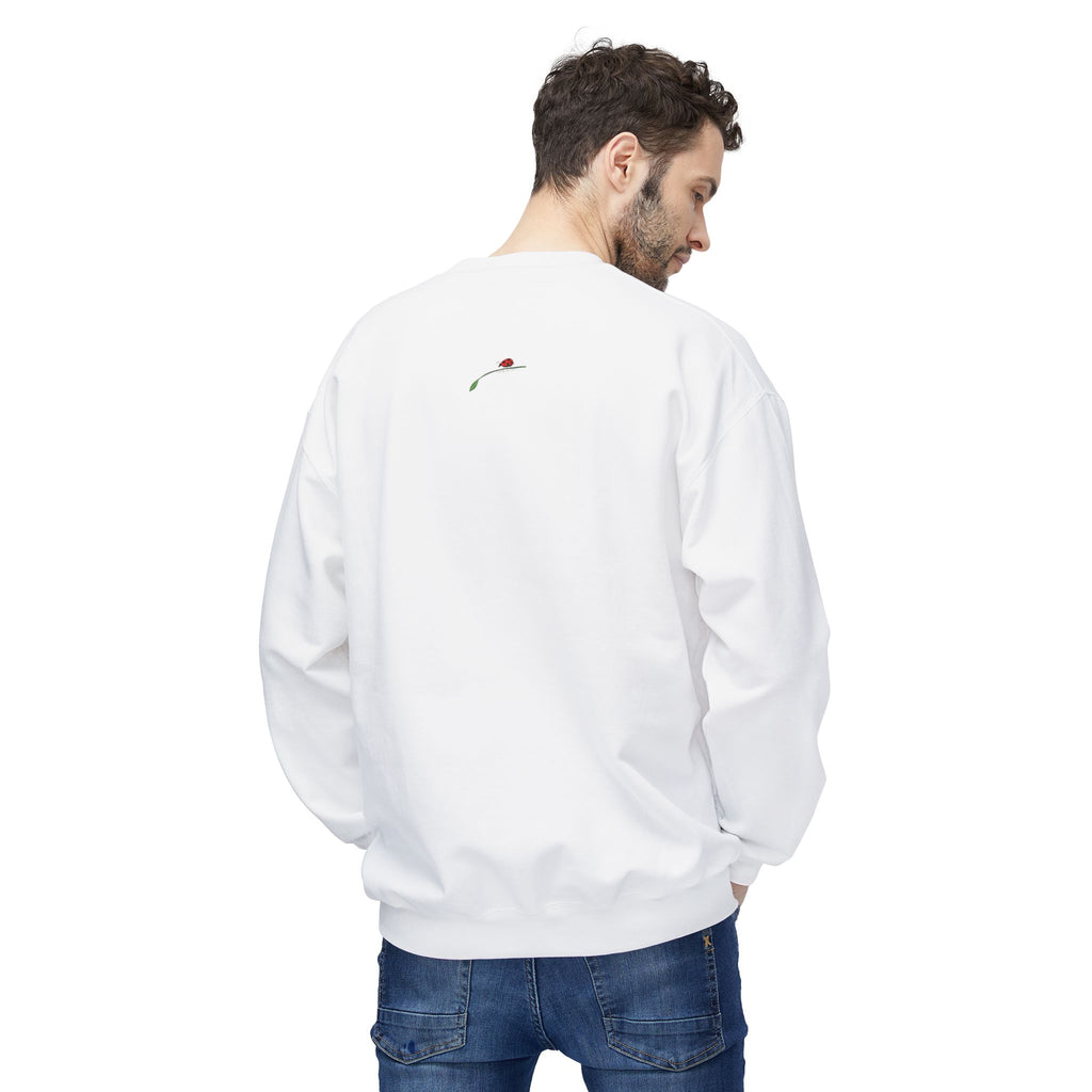 LuckeLadybug white fun German Shepherd sweater with small rose detail on the back worn by male model