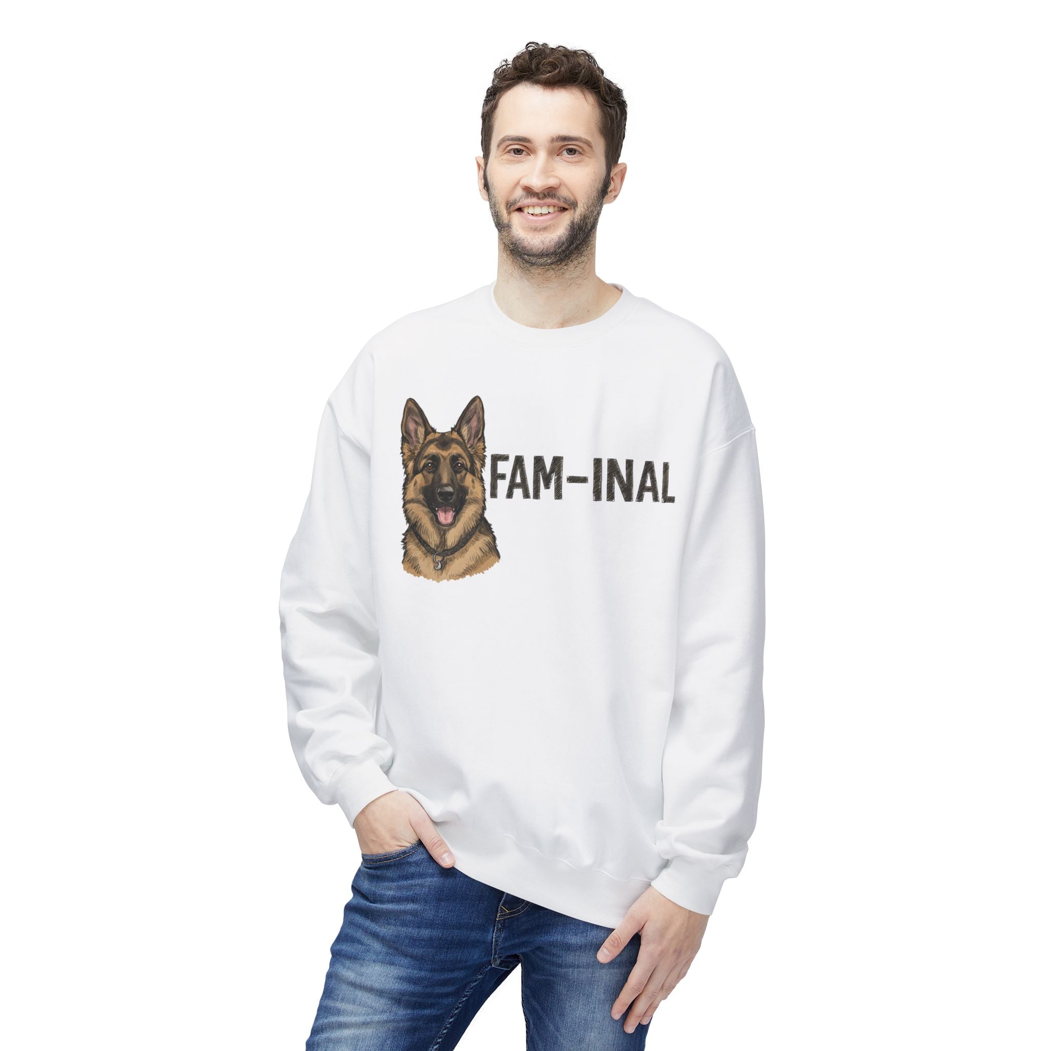 LuckeLadybug fun German Shepherd sweater white sweatshirt with dog graphic and fam-inal text worn by smiling man