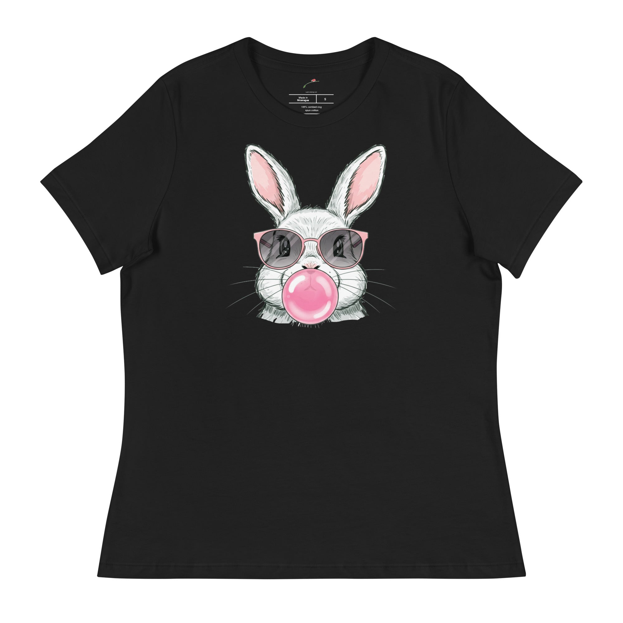 Funny bunny t shirt featuring a rabbit wearing sunglasses and blowing a pink bubble gum