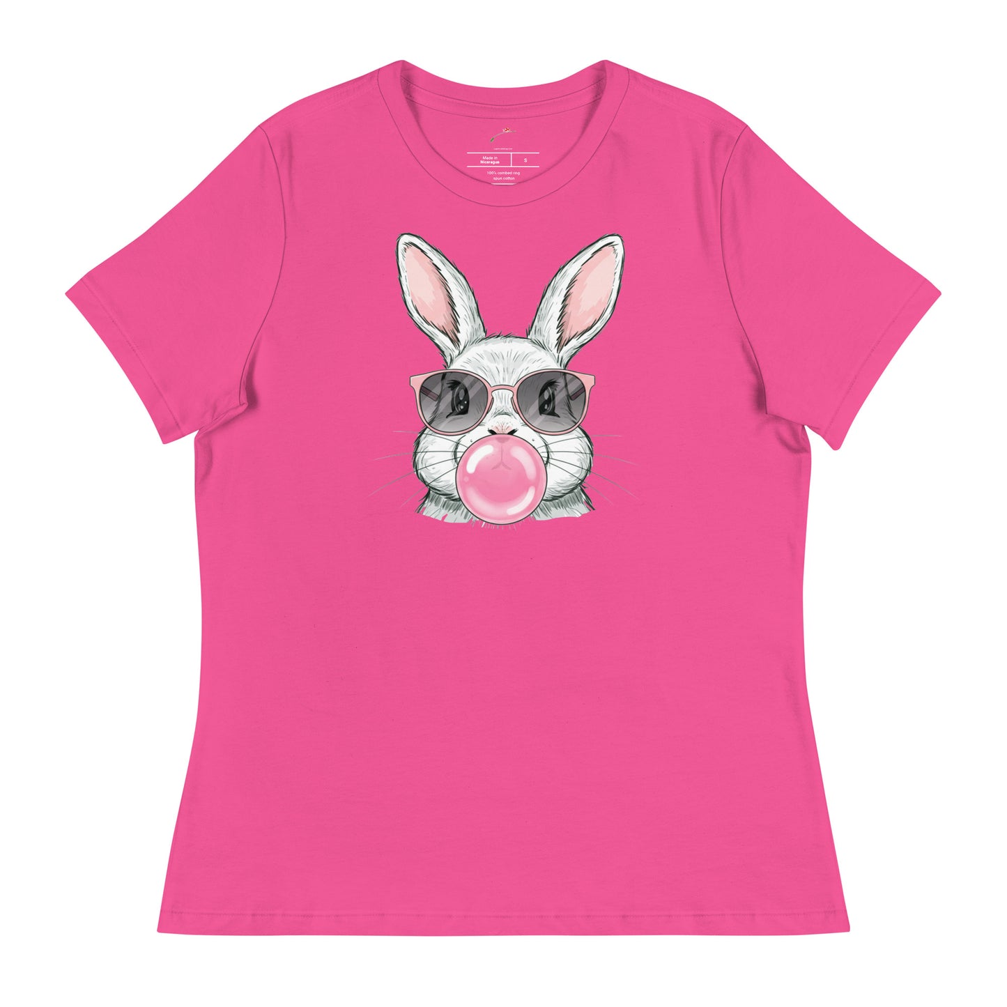 Funny bunny t shirt in pink featuring a cartoon rabbit with sunglasses blowing a bubblegum